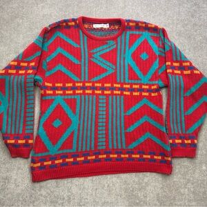 Vintage Jantzen Coogi Style Geometric Red Cable Knit Sweater Men’s XL USA